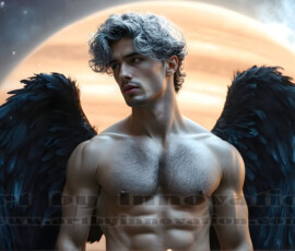 Stunning AI-generated male angel art — handsome heavenly warriors with enormous shimmering wings descending from the celestial realm. Heaven's Warriors Collection by Jeff Dupler.