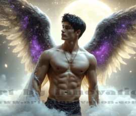 Stunning AI-generated male angel art — handsome heavenly warriors with enormous shimmering wings descending from the celestial realm. Heaven's Warriors Collection by Jeff Dupler.