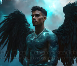 Stunning AI-generated male angel art — handsome heavenly warriors with enormous shimmering wings descending from the celestial realm. Heaven's Warriors Collection by Jeff Dupler.