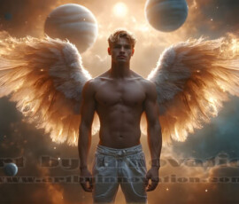 Stunning AI-generated male angel art — handsome heavenly warriors with enormous shimmering wings descending from the celestial realm. Heaven's Warriors Collection by Jeff Dupler.