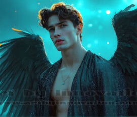 Stunning AI-generated male angel art — handsome heavenly warriors with enormous shimmering wings descending from the celestial realm. Heaven's Warriors Collection by Jeff Dupler.