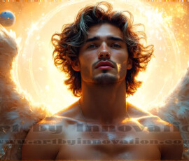Stunning AI-generated male angel art — handsome heavenly warriors with enormous shimmering wings descending from the celestial realm. Heaven's Warriors Collection by Jeff Dupler.