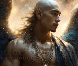 Stunning AI-generated male angel art — handsome heavenly warriors with enormous shimmering wings descending from the celestial realm. Heaven's Warriors Collection by Jeff Dupler.