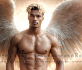 Stunning AI-generated male angel art — handsome heavenly warriors with enormous shimmering wings descending from the celestial realm. Heaven's Warriors Collection by Jeff Dupler.