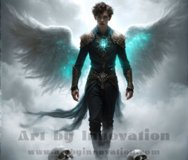 Stunning AI-generated male angel art — handsome heavenly warriors with enormous shimmering wings descending from the celestial realm. Heaven's Warriors Collection by Jeff Dupler.
