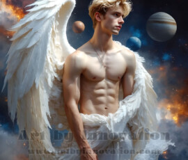 Stunning AI-generated male angel art — handsome heavenly warriors with enormous shimmering wings descending from the celestial realm. Heaven's Warriors Collection by Jeff Dupler.