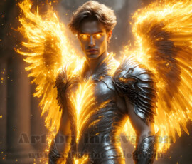 Stunning AI-generated male angel art — handsome heavenly warriors with enormous shimmering wings descending from the celestial realm. Heaven's Warriors Collection by Jeff Dupler.