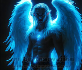 Stunning AI-generated male angel art — handsome heavenly warriors with enormous shimmering wings descending from the celestial realm. Heaven's Warriors Collection by Jeff Dupler.