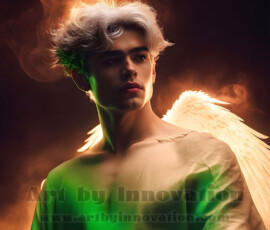 Stunning AI-generated male angel art — handsome heavenly warriors with enormous shimmering wings descending from the celestial realm. Heaven's Warriors Collection by Jeff Dupler.