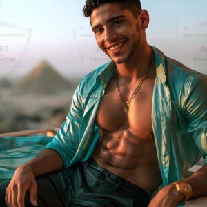 AI-generated portraits of a handsome young Egyptian man at the Pyramids of Giza, the Great Sphinx, and on the Nile in golden-hour light. Cinematic UHD.