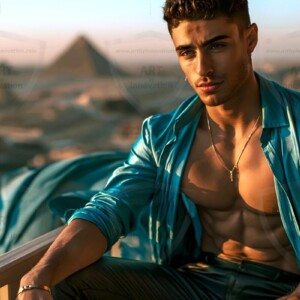 AI-generated portraits of a handsome young Egyptian man at the Pyramids of Giza, the Great Sphinx, and on the Nile in golden-hour light. Cinematic UHD.