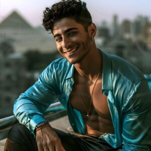 AI-generated portraits of a handsome young Egyptian man at the Pyramids of Giza, the Great Sphinx, and on the Nile in golden-hour light. Cinematic UHD.