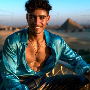 AI-generated portraits of a handsome young Egyptian man at the Pyramids of Giza, the Great Sphinx, and on the Nile in golden-hour light. Cinematic UHD.
