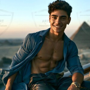 AI-generated portraits of a handsome young Egyptian man at the Pyramids of Giza, the Great Sphinx, and on the Nile in golden-hour light. Cinematic UHD.