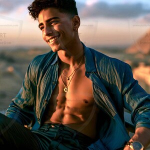 AI-generated portraits of a handsome young Egyptian man at the Pyramids of Giza, the Great Sphinx, and on the Nile in golden-hour light. Cinematic UHD.