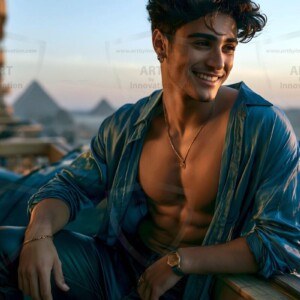 AI-generated portraits of a handsome young Egyptian man at the Pyramids of Giza, the Great Sphinx, and on the Nile in golden-hour light. Cinematic UHD.