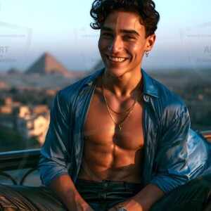 AI-generated portraits of a handsome young Egyptian man at the Pyramids of Giza, the Great Sphinx, and on the Nile in golden-hour light. Cinematic UHD.