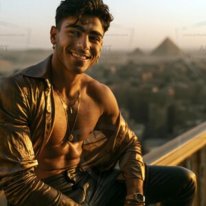 AI-generated portraits of a handsome young Egyptian man at the Pyramids of Giza, the Great Sphinx, and on the Nile in golden-hour light. Cinematic UHD.