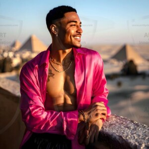 AI-generated portraits of a handsome young Egyptian man at the Pyramids of Giza, the Great Sphinx, and on the Nile in golden-hour light. Cinematic UHD.