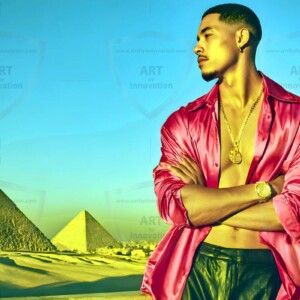 AI-generated portraits of a handsome young Egyptian man at the Pyramids of Giza, the Great Sphinx, and on the Nile in golden-hour light. Cinematic UHD.