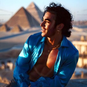 AI-generated portraits of a handsome young Egyptian man at the Pyramids of Giza, the Great Sphinx, and on the Nile in golden-hour light. Cinematic UHD.
