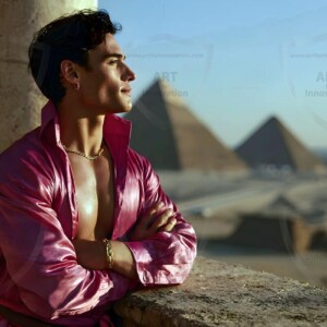 AI-generated portraits of a handsome young Egyptian man at the Pyramids of Giza, the Great Sphinx, and on the Nile in golden-hour light. Cinematic UHD.