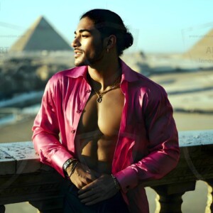 AI-generated portraits of a handsome young Egyptian man at the Pyramids of Giza, the Great Sphinx, and on the Nile in golden-hour light. Cinematic UHD.