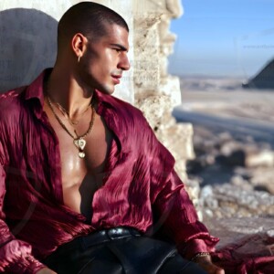 AI-generated portraits of a handsome young Egyptian man at the Pyramids of Giza, the Great Sphinx, and on the Nile in golden-hour light. Cinematic UHD.