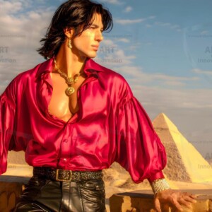 AI-generated portraits of a handsome young Egyptian man at the Pyramids of Giza, the Great Sphinx, and on the Nile in golden-hour light. Cinematic UHD.