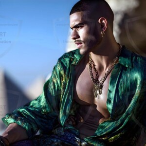 AI-generated portraits of a handsome young Egyptian man at the Pyramids of Giza, the Great Sphinx, and on the Nile in golden-hour light. Cinematic UHD.