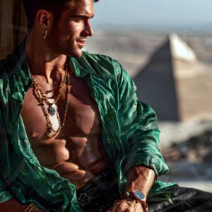AI-generated portraits of a handsome young Egyptian man at the Pyramids of Giza, the Great Sphinx, and on the Nile in golden-hour light. Cinematic UHD.
