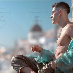 AI-generated portraits of a handsome young Egyptian man at the Pyramids of Giza, the Great Sphinx, and on the Nile in golden-hour light. Cinematic UHD.