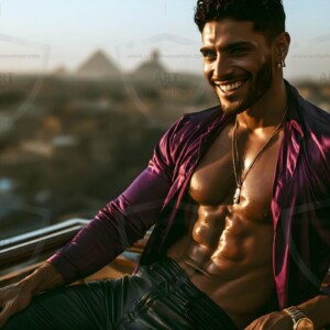 AI-generated portraits of a handsome young Egyptian man at the Pyramids of Giza, the Great Sphinx, and on the Nile in golden-hour light. Cinematic UHD.
