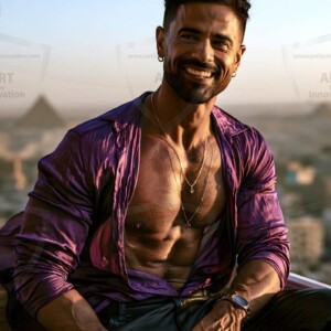 AI-generated portraits of a handsome young Egyptian man at the Pyramids of Giza, the Great Sphinx, and on the Nile in golden-hour light. Cinematic UHD.