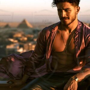 AI-generated portraits of a handsome young Egyptian man at the Pyramids of Giza, the Great Sphinx, and on the Nile in golden-hour light. Cinematic UHD.