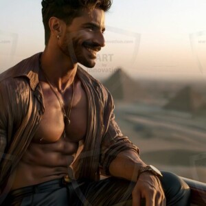 AI-generated portraits of a handsome young Egyptian man at the Pyramids of Giza, the Great Sphinx, and on the Nile in golden-hour light. Cinematic UHD.