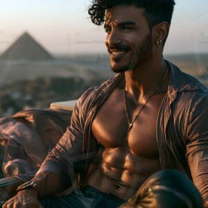 AI-generated portraits of a handsome young Egyptian man at the Pyramids of Giza, the Great Sphinx, and on the Nile in golden-hour light. Cinematic UHD.