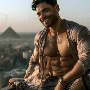 AI-generated portraits of a handsome young Egyptian man at the Pyramids of Giza, the Great Sphinx, and on the Nile in golden-hour light. Cinematic UHD.