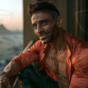 AI-generated portraits of a handsome young Egyptian man at the Pyramids of Giza, the Great Sphinx, and on the Nile in golden-hour light. Cinematic UHD.