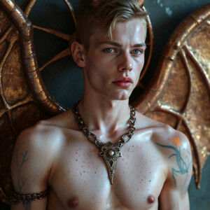 AI-generated hot sexy male demon art — handsome succubus demons with dark wings emerging from the ruins of hell. Dark & Legendary Collection. 240+ images by Jeff Dupler.
