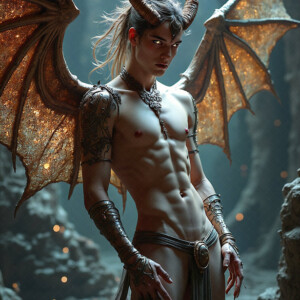 AI-generated hot sexy male demon art — handsome succubus demons with dark wings emerging from the ruins of hell. Dark & Legendary Collection. 240+ images by Jeff Dupler.
