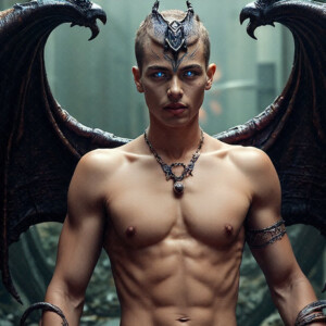 AI-generated hot sexy male demon art — handsome succubus demons with dark wings emerging from the ruins of hell. Dark & Legendary Collection. 240+ images by Jeff Dupler.