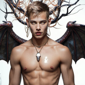 AI-generated hot sexy male demon art — handsome succubus demons with dark wings emerging from the ruins of hell. Dark & Legendary Collection. 240+ images by Jeff Dupler.