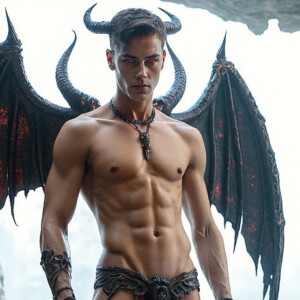 AI-generated hot sexy male demon art — handsome succubus demons with dark wings emerging from the ruins of hell. Dark & Legendary Collection. 240+ images by Jeff Dupler.