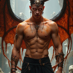 AI-generated hot sexy male demon art — handsome succubus demons with dark wings emerging from the ruins of hell. Dark & Legendary Collection. 240+ images by Jeff Dupler.