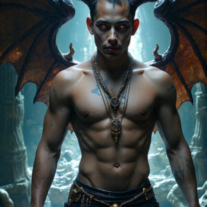 AI-generated hot sexy male demon art — handsome succubus demons with dark wings emerging from the ruins of hell. Dark & Legendary Collection. 240+ images by Jeff Dupler.