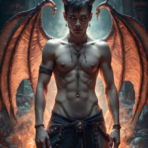 AI-generated hot sexy male demon art — handsome succubus demons with dark wings emerging from the ruins of hell. Dark & Legendary Collection. 240+ images by Jeff Dupler.
