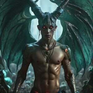AI-generated hot sexy male demon art — handsome succubus demons with dark wings emerging from the ruins of hell. Dark & Legendary Collection. 240+ images by Jeff Dupler.
