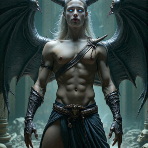 AI-generated hot sexy male demon art — handsome succubus demons with dark wings emerging from the ruins of hell. Dark & Legendary Collection. 240+ images by Jeff Dupler.