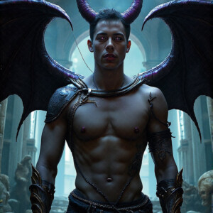 AI-generated hot sexy male demon art — handsome succubus demons with dark wings emerging from the ruins of hell. Dark & Legendary Collection. 240+ images by Jeff Dupler.